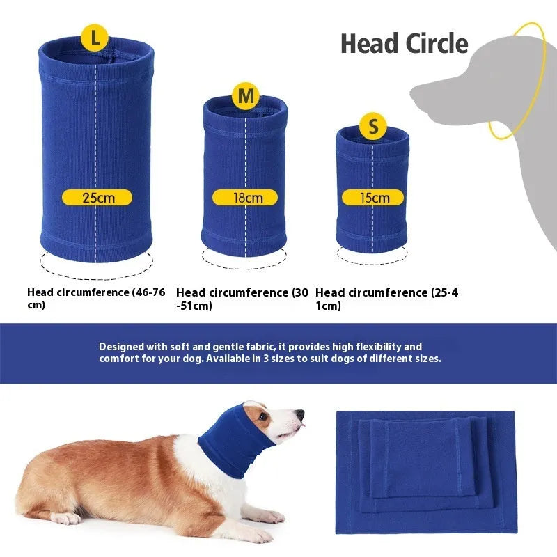 Blue adjustable dog comforter headband scarf for pet anxiety on a grey background.