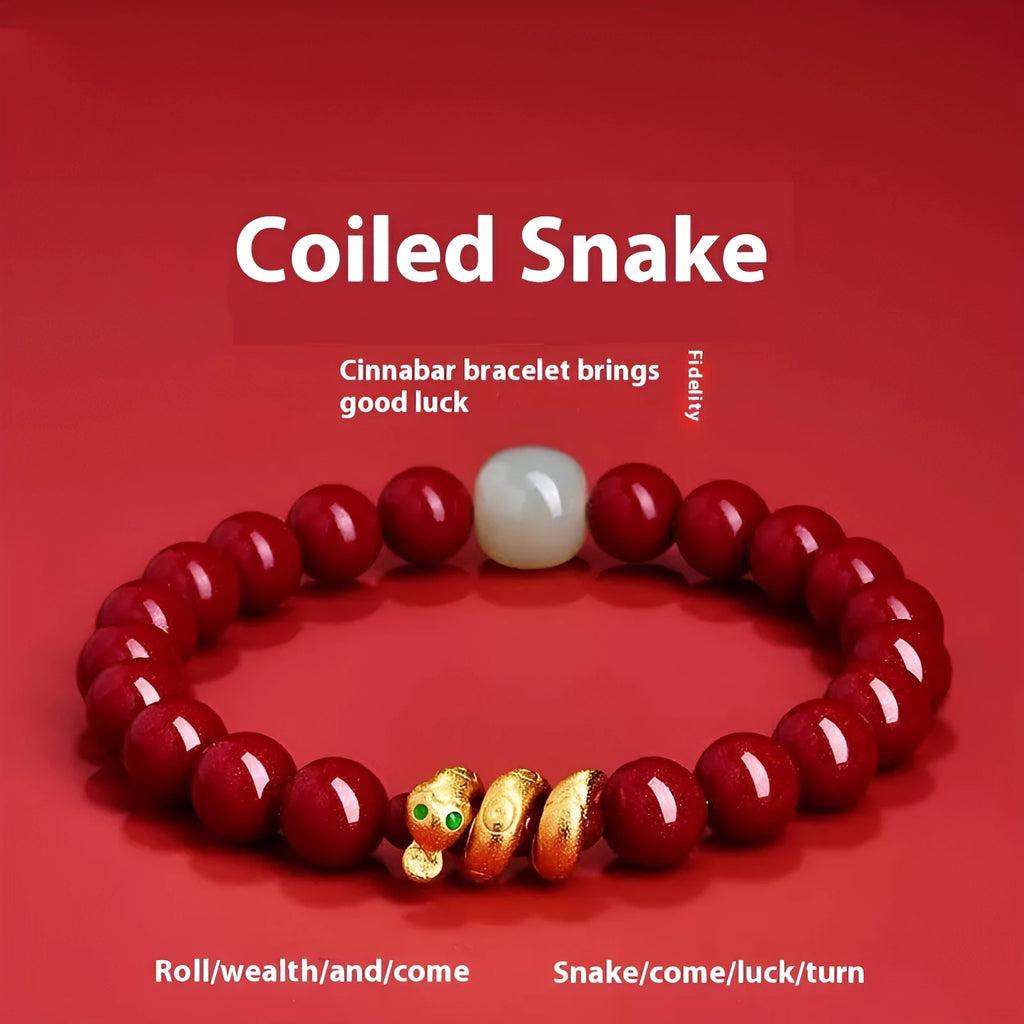 Handmade cinnabar Snake Year bracelet with Chinese zodiac design and roll snake beads.
