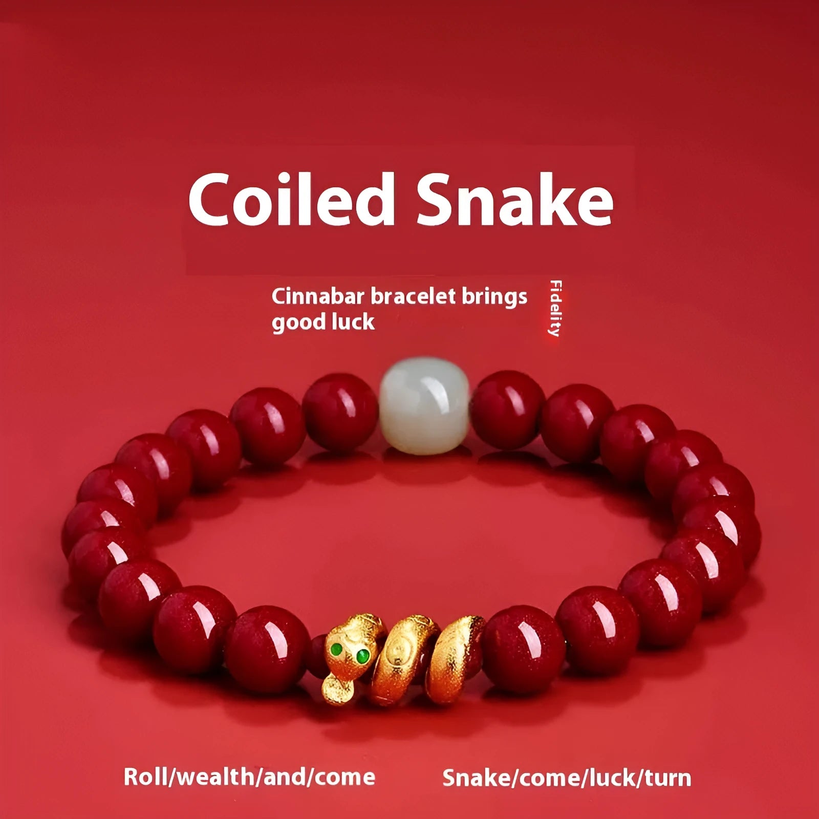 Handmade cinnabar Snake Year bracelet with Chinese zodiac design and roll snake beads.