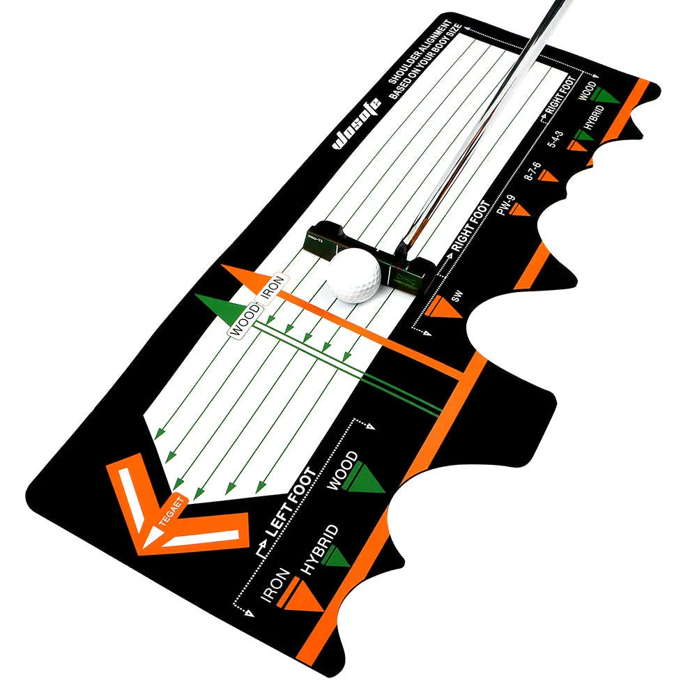 Black neoprene golf swing posture correction mat for stance alignment practice.