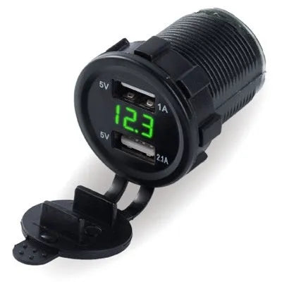 Waterproof motorcycle car charger with USB port and coloured LED light, shown with optional power cables.
