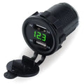 Waterproof motorcycle car charger with USB port and coloured LED light, shown with optional power cables.