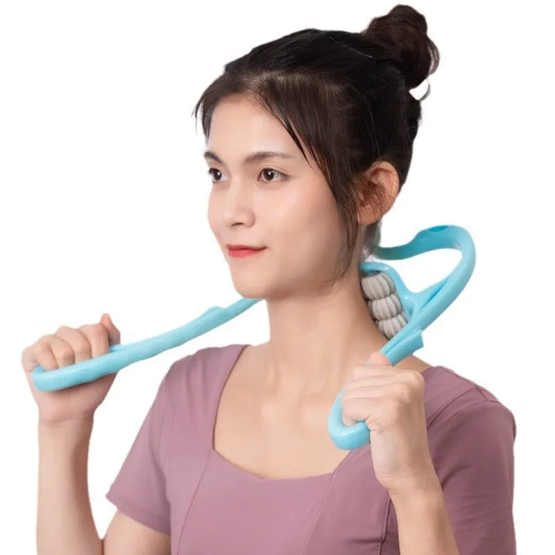Blue plastic six-wheel neck and shoulder massager showing rolling wheel mechanism