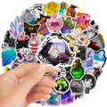 50 colourful glossy waterproof PVC stickers for luggage and smooth surface decoration, sizes 3cm to 8cm.