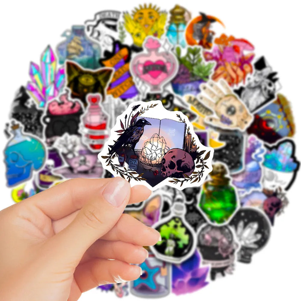 50 colourful glossy waterproof PVC stickers for luggage and smooth surface decoration, sizes 3cm to 8cm.