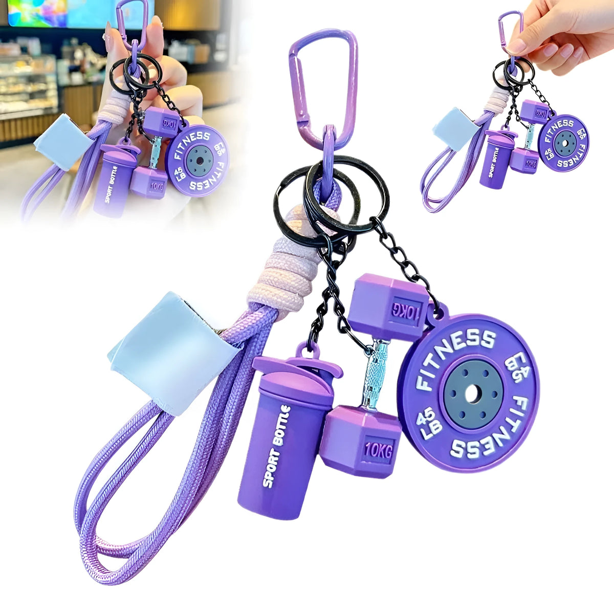 Four mini alloy gym keychains in blue green orange and purple on a keyring