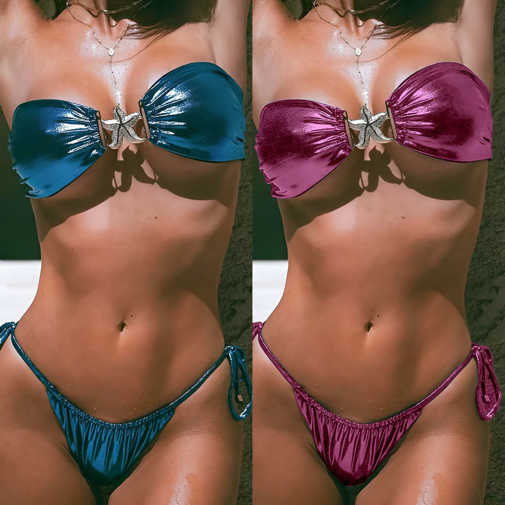 Women's glossy sapphire blue tube top bikini with starfish detail and long sleeves.