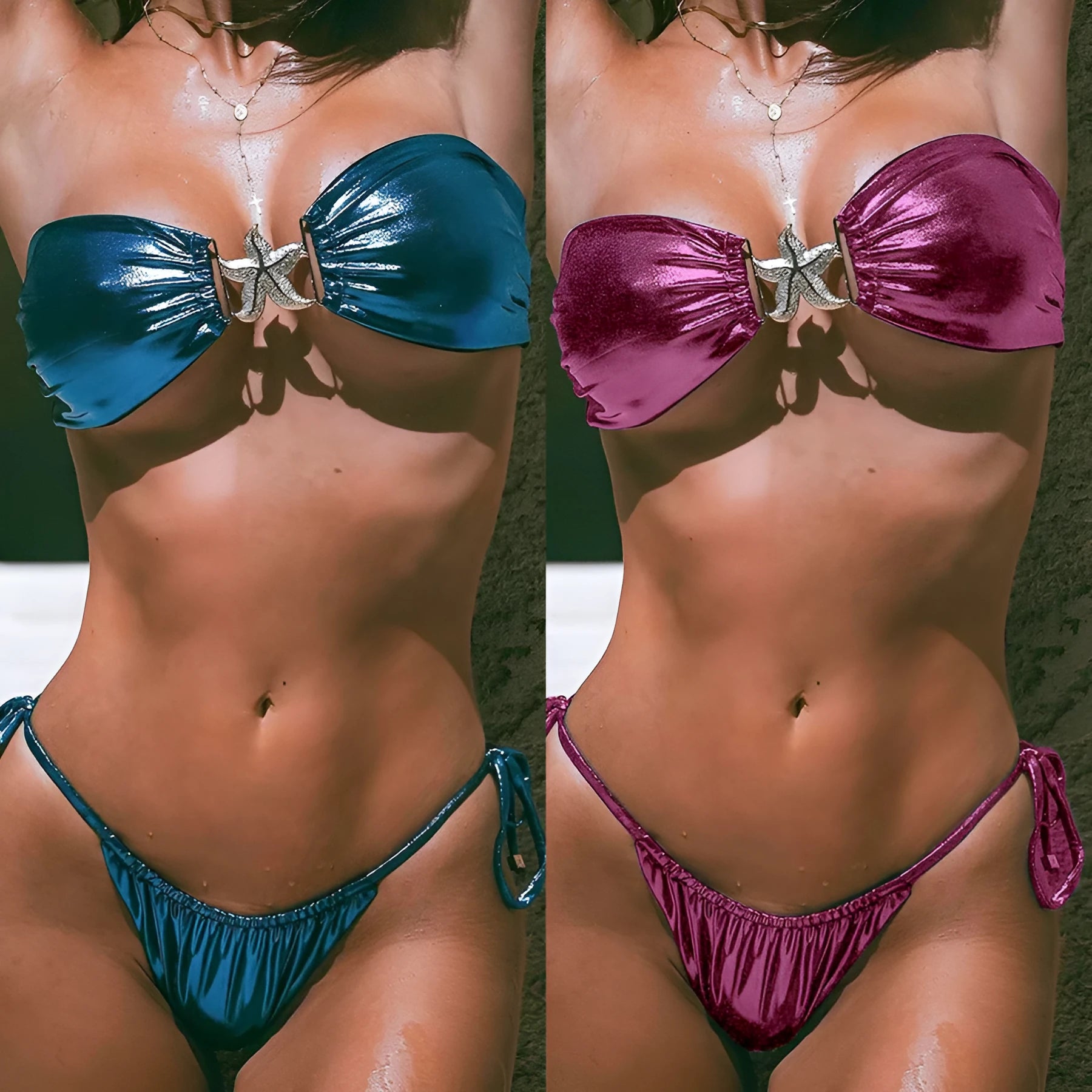 Women's glossy sapphire blue tube top bikini with starfish detail and long sleeves.