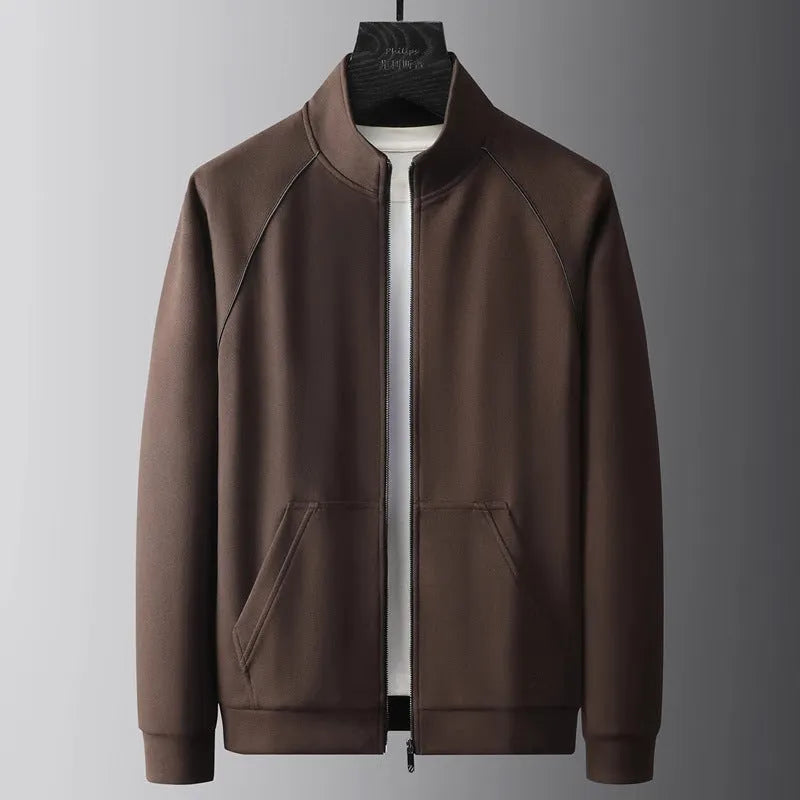 Men's slim fit stand collar sports suit set in polyvinyl alcohol fibre, shown in coffee or black colour.