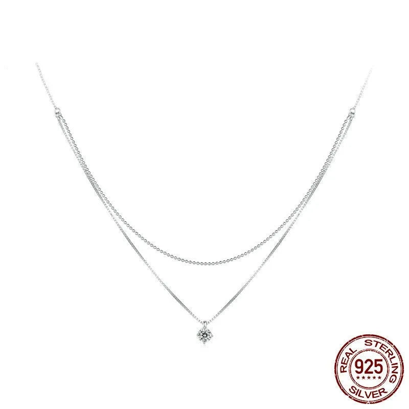 Women's silver double-layer necklace with S925 sterling silver pendant and pearl chain style