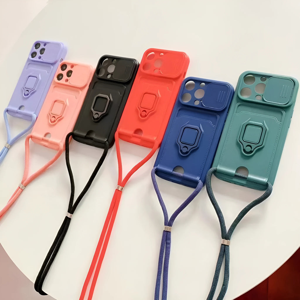 Push window card ring bracket diagonal strap lanyard phone case for iPhone in black, red, pink, green, purple, blue TPU material