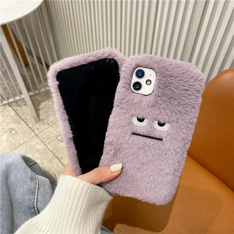 Purple plush phone case cover with funny emoticon design for iPhone models