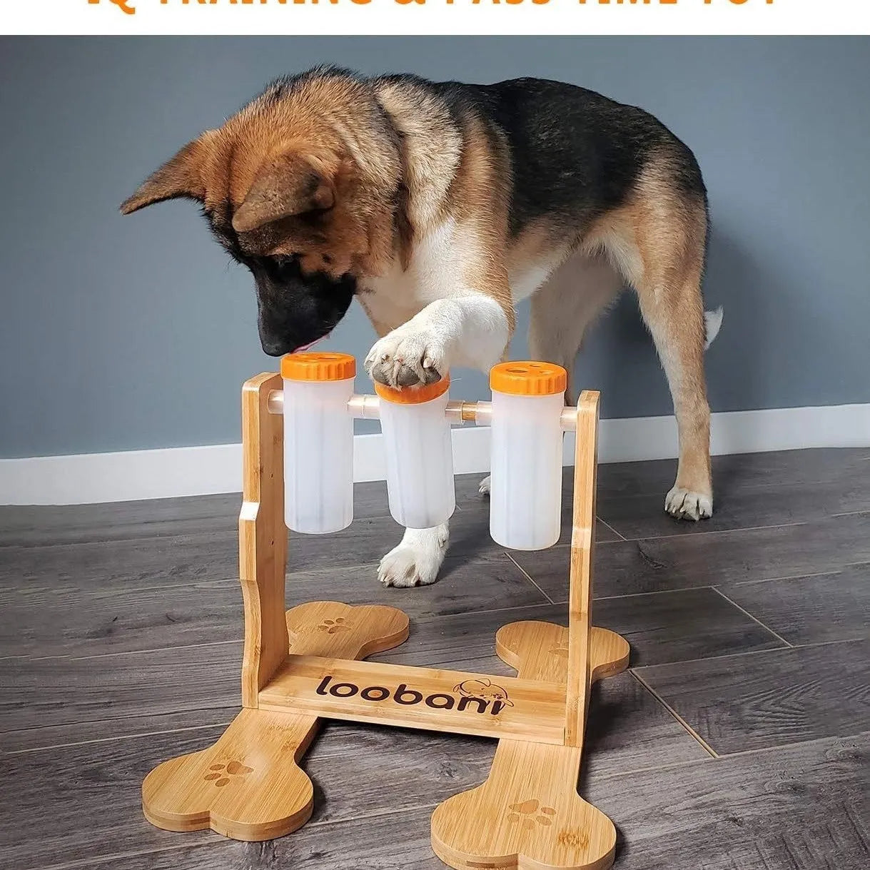 Wooden dog puzzle toy feeder with sliding panels measuring 31x30x20cm in natural wood colour