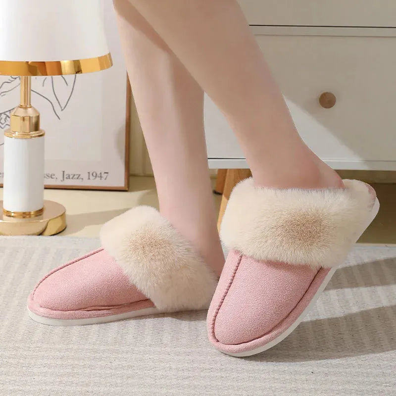 Women's brown plush winter slippers with artificial wool lining and anti-slip PVC sole shown from side view
