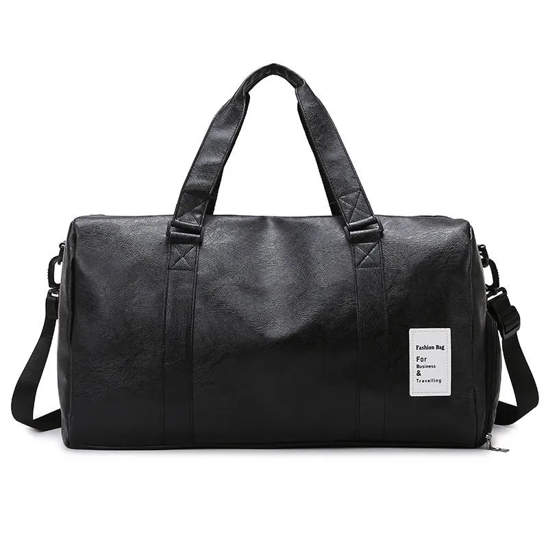 Black fitness shoulder messenger bag showing dry wet separation compartment and shoulder strap.