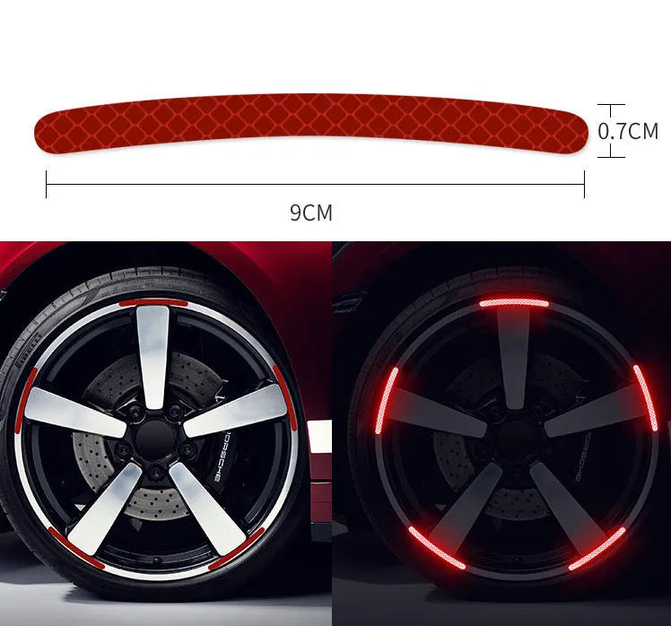 Twenty arc-shaped PVC reflective stickers for car wheel hub application in selected colour