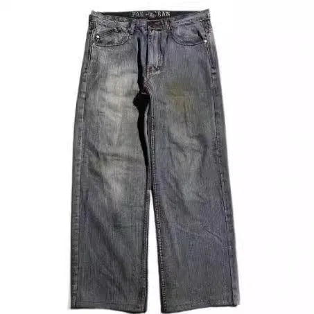 Grey washed-out wide-leg men's jeans with a straight cut and mid-waist design on a neutral background.