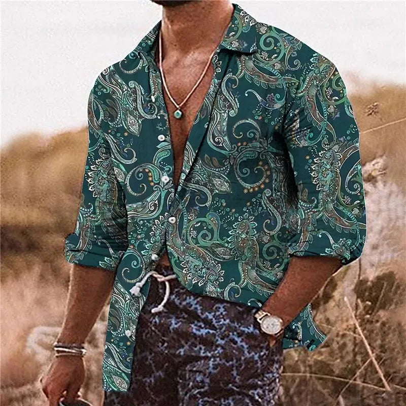 Men's loose fit long sleeve shirt with a colourful 3D floral pattern, on a model.