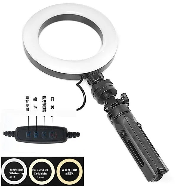 Black neutral style mobile phone live streaming bracket with adjustable colour fill light on a desktop tripod.