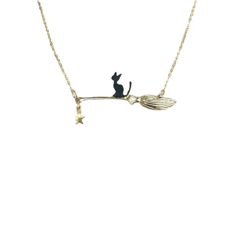 Halloween black cat alloy pendant necklace for women in gold and silver finishes.