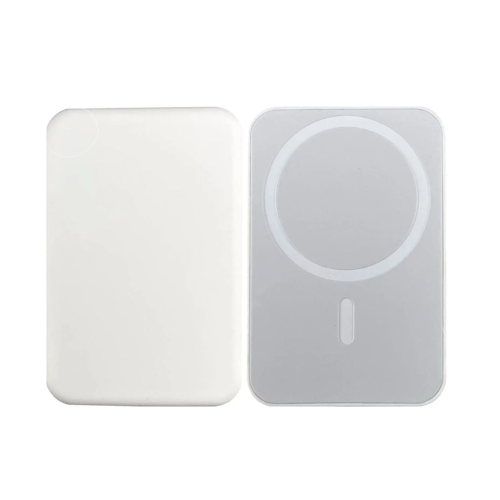 White magnetic wireless charger power bank with 5000mAh capacity measuring 100x65mm