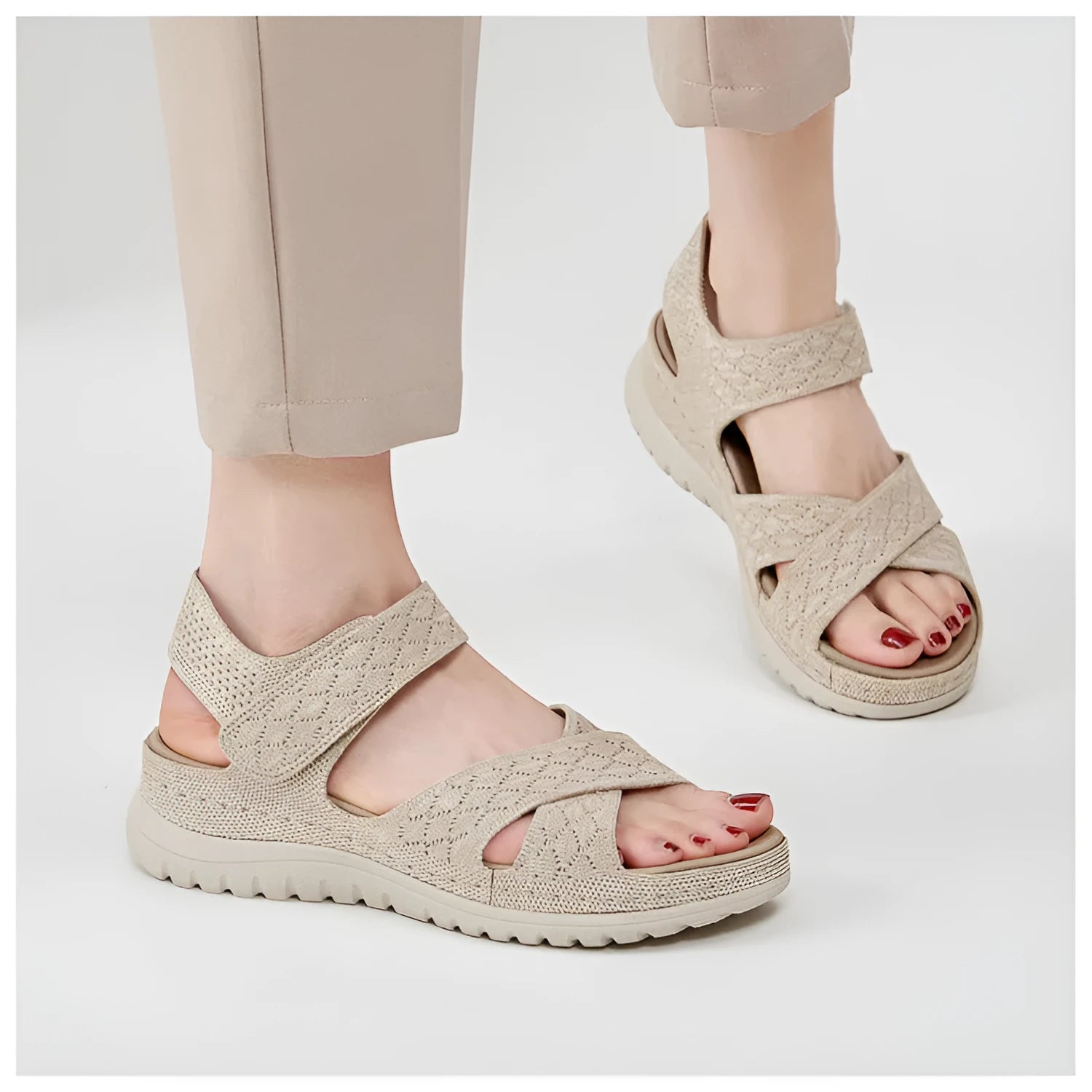 Plus size flat sandals in apricot with Flyknit upper, PVC sole, and Velcro strap.