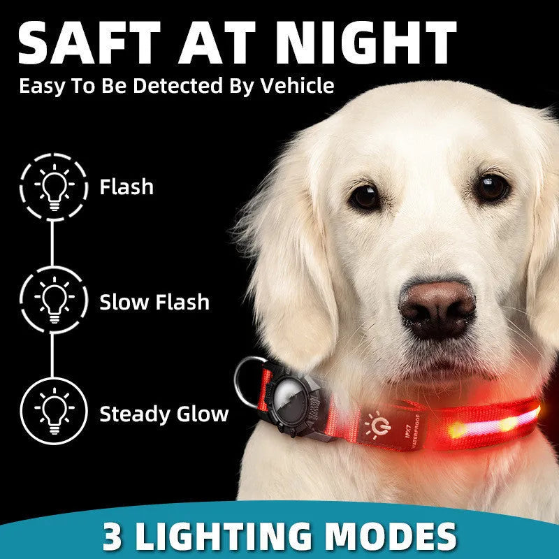 Waterproof nylon pet collar with LED beads in blue, suitable for locator attachment, plain pattern, adjustable size