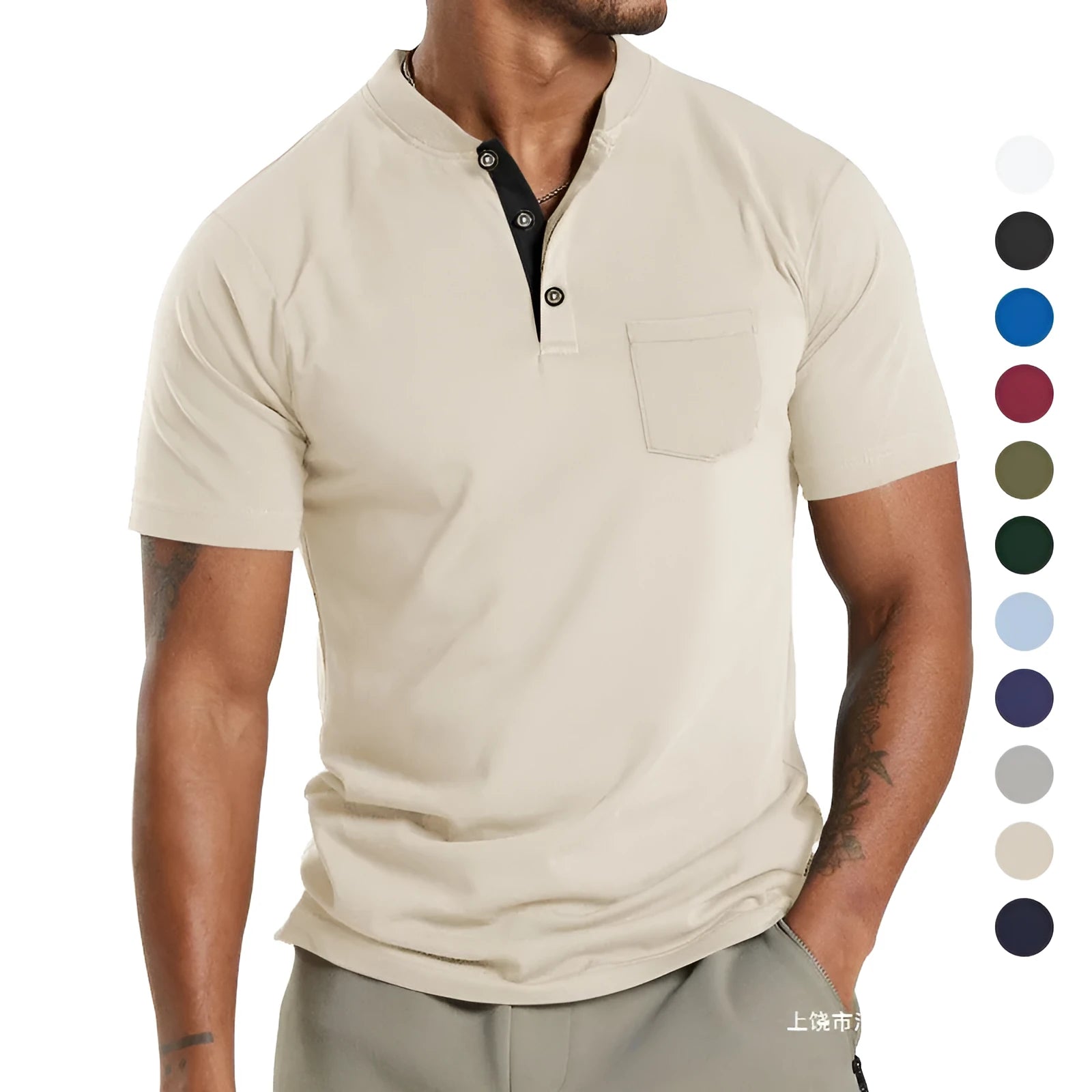 Plus size men's solid colour short sleeve shirt with a button-down chest pocket.