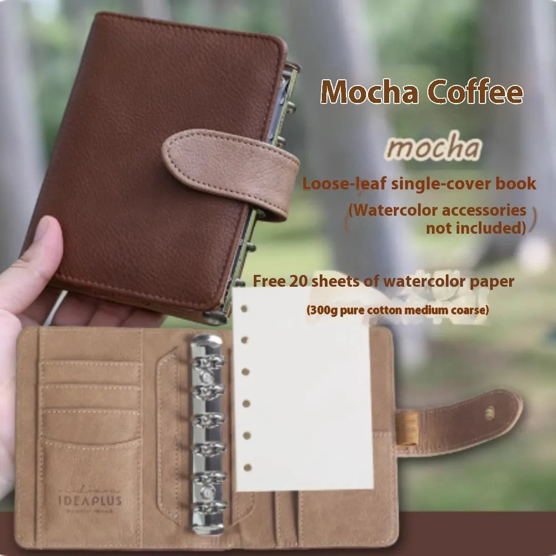A7 mini loose-leaf watercolour sketchbook in avocado green, hazelnut brown, mango pudding, mocha coffee, or rainforest green.