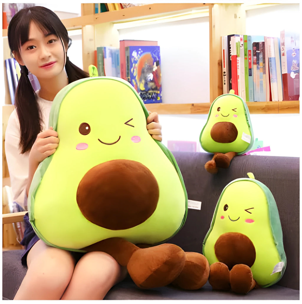 Green avocado plush toy in super soft short plush with PP cotton filling, available in 30cm to 85cm sizes.