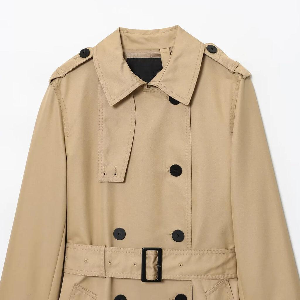Women's double breasted trench coat, long sleeve, drawstring, dark green or khaki, sizes XS to L