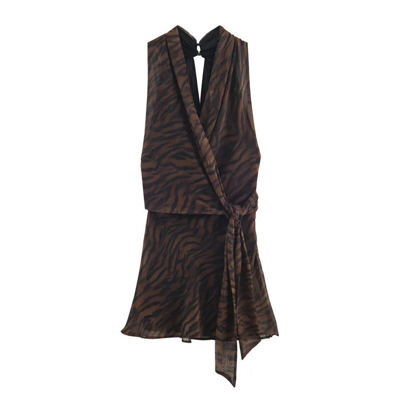 Animal print double breasted mini dress with pleated asymmetric skirt and long sleeves in mercerised cotton