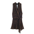Animal print double breasted mini dress with pleated asymmetric skirt and long sleeves in mercerised cotton