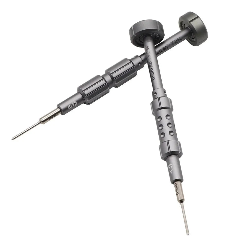 Compatible iPhone precision screwdriver with five bit types in a grenade-shaped aluminium handle.