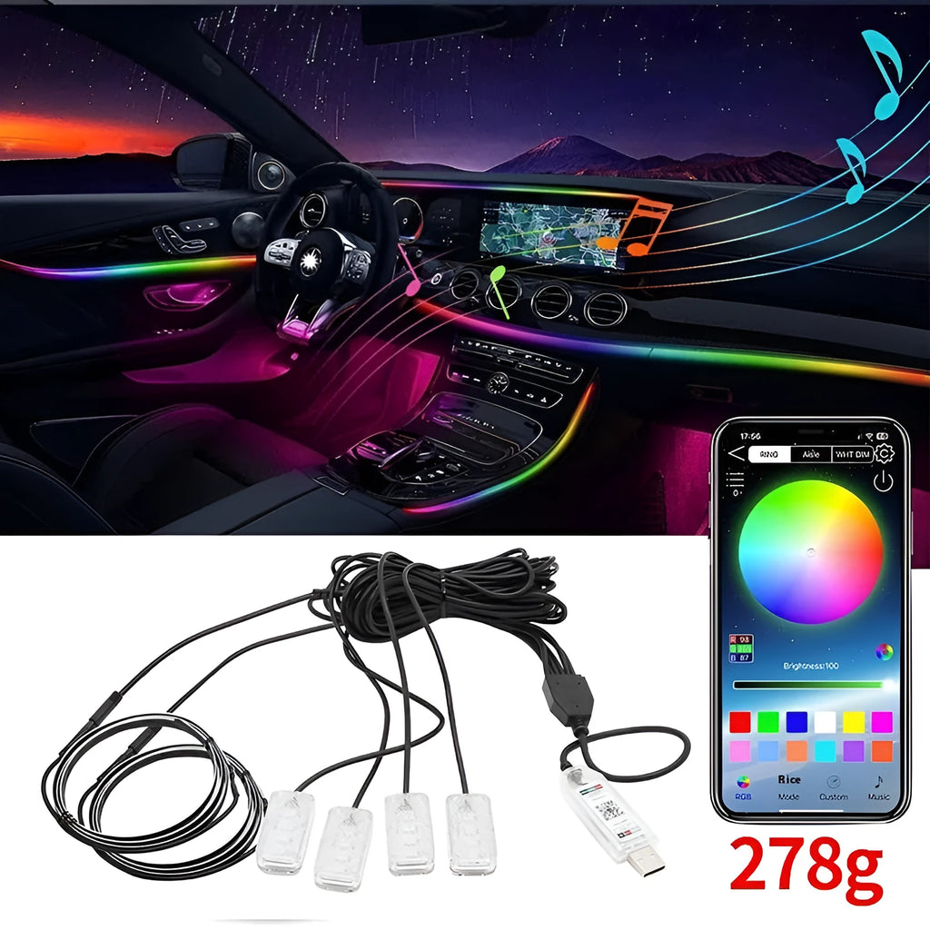 USB LED acrylic car ambience light with magic colour APP remote control and 12V plug-in for all car models