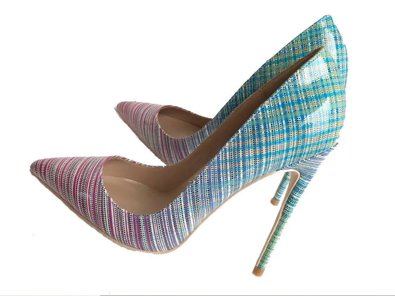 Women's pink and blue gradient patent leather stiletto heels with a pointed toe on a rubber sole.