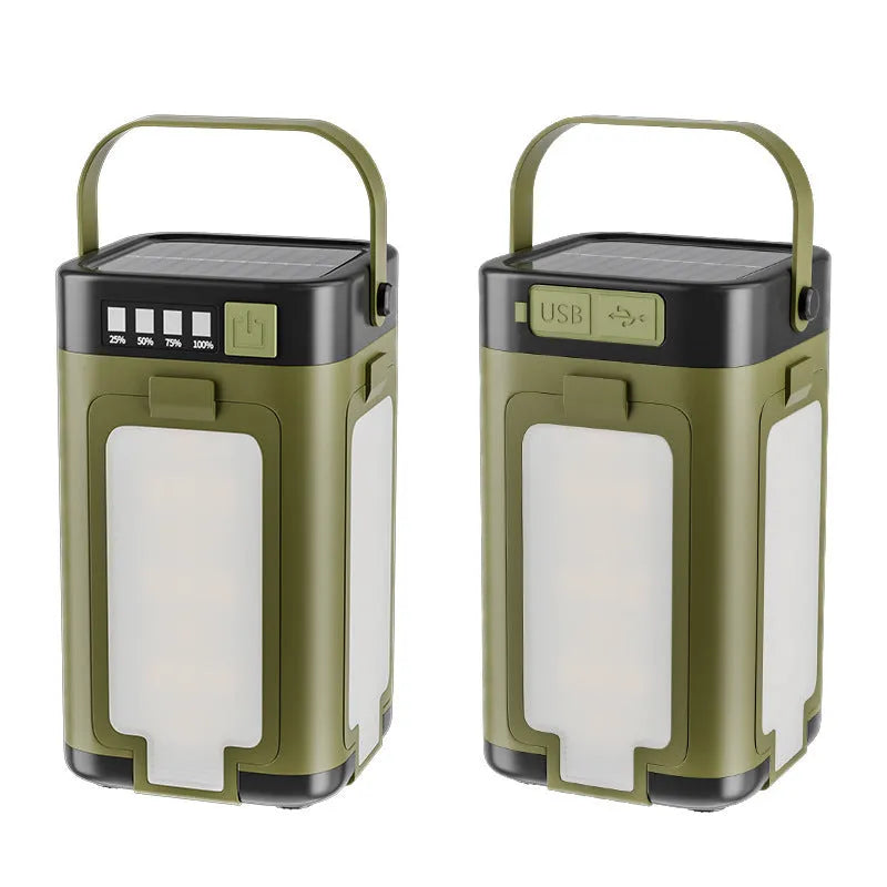 Four-leaf folding solar camping light with built-in 2000 mAh 18650 battery and press switch, 12 x 7 x 7 cm