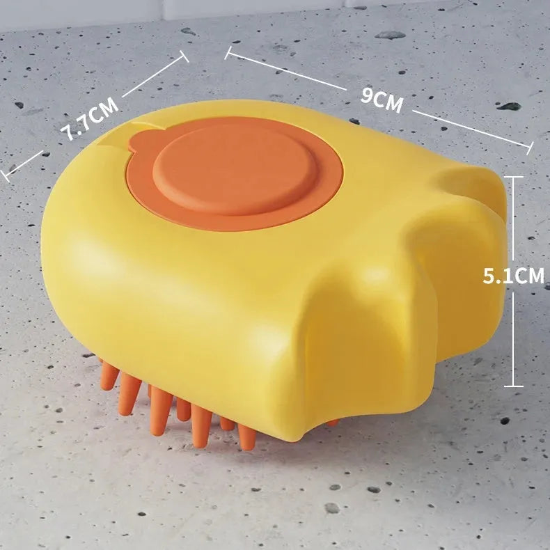 Blue pet bath brush with built-in shampoo compartment for washing cats and dogs