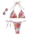 Women's multicolour triangle print bikini with hanging neck detail on separate top