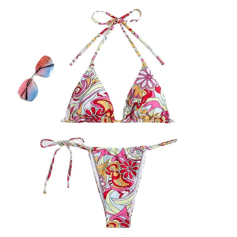 Women's multicolour triangle print bikini with hanging neck detail on separate top