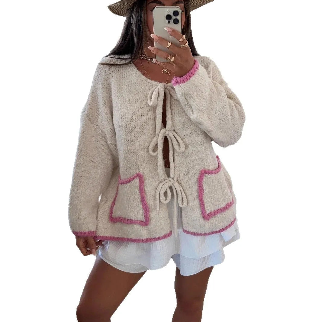 Women's beige loose knitted cardigan with contrast colour, front lace-up, and pockets, polyester, sizes S to XL