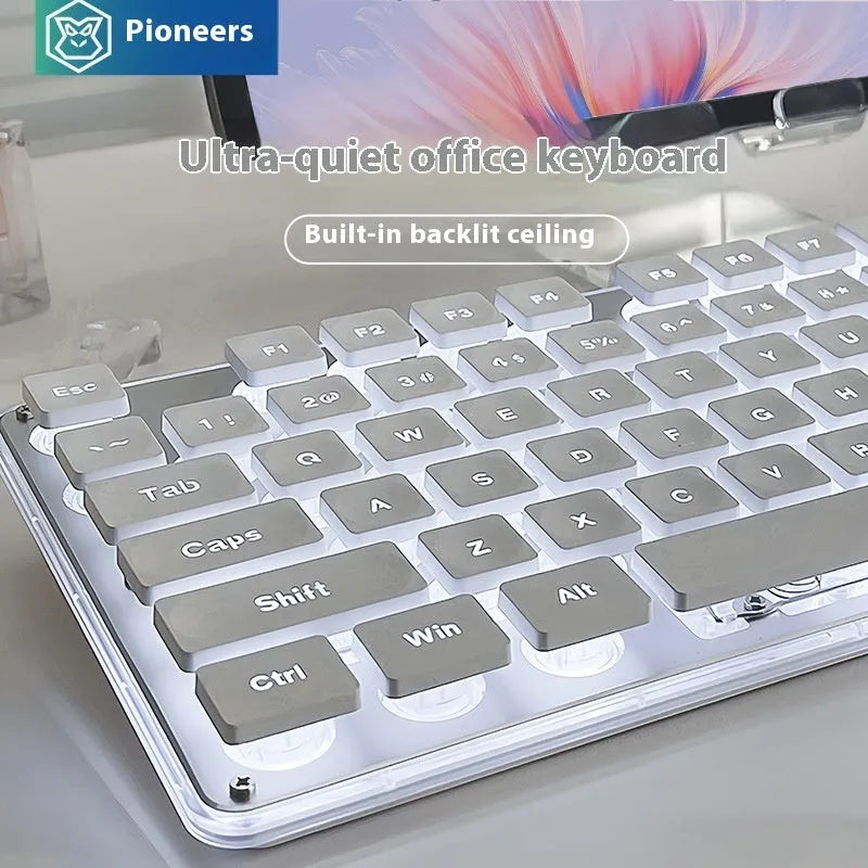 Wired mechanical feel keyboard with mute button in ABS plastic, showing white light variant