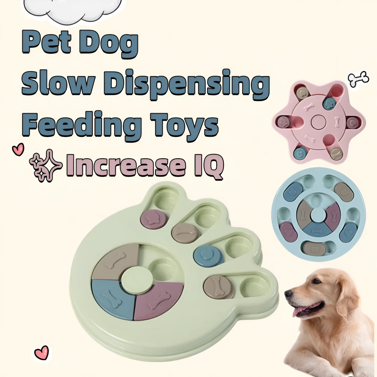 Dog puzzle feeder toy in PP material with non-slip base, available in footprint, round and hexagonal styles.