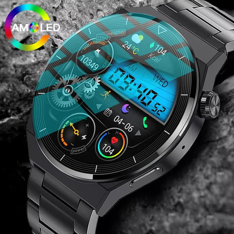 Black silicone smartwatch with silver vinyl case showing health metrics on TFT screen