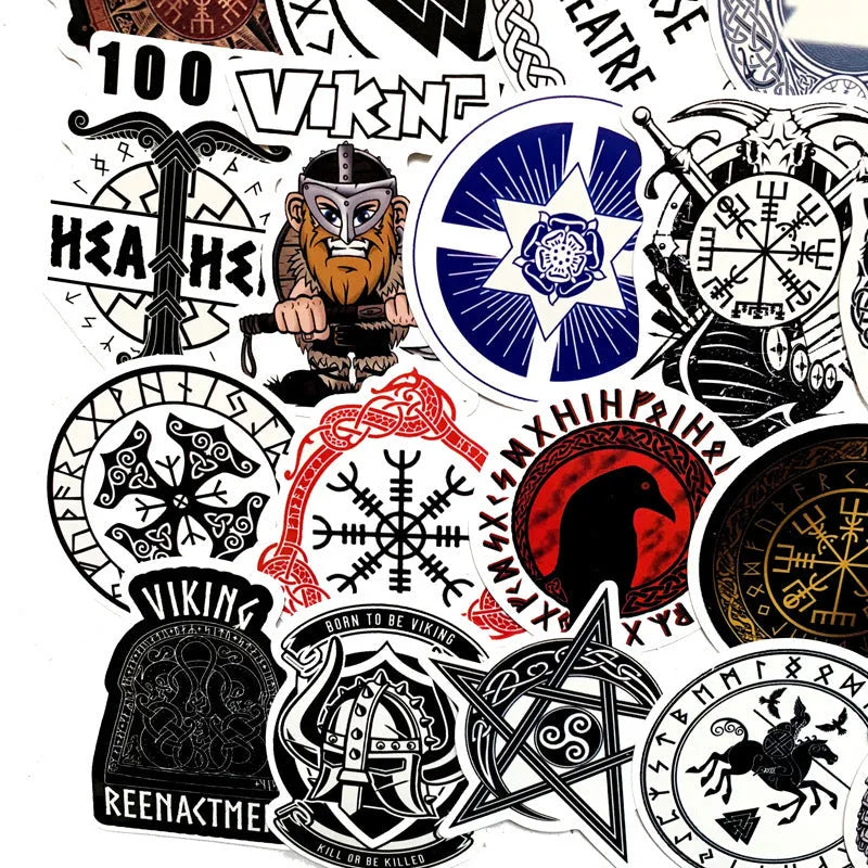 Ancient rune PVC sticker set with 50 irregular shaped graffiti-style decals in colour for luggage and smooth surfaces