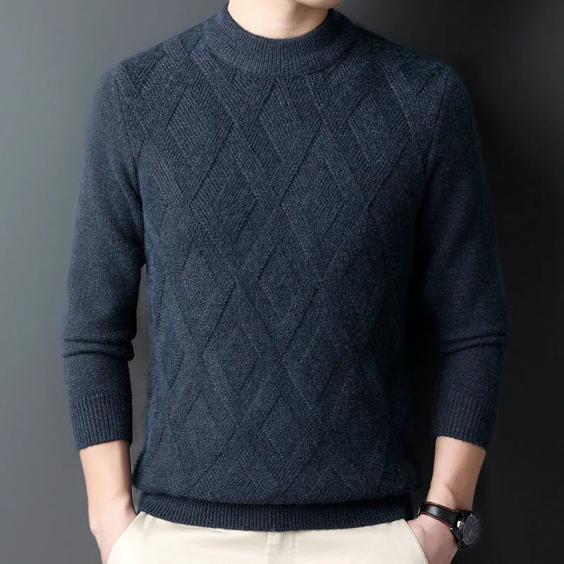 Men's plus size diamond jacquard pullover sweater in light camel colour for winter.