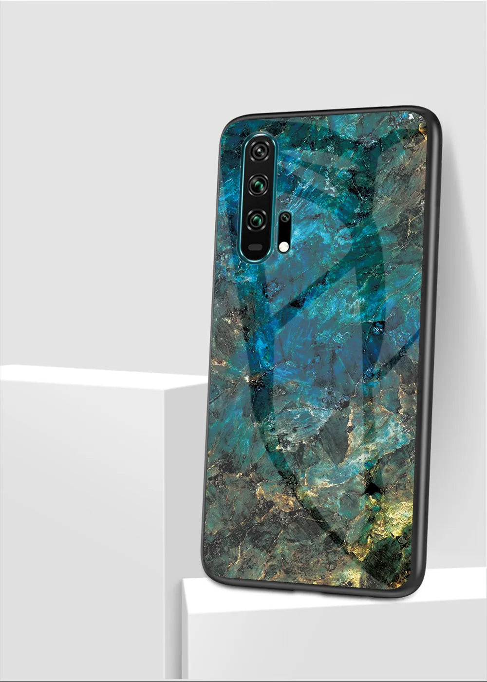 Honor 20 phone case with marble glass back and silicone bumper in multiple colours.