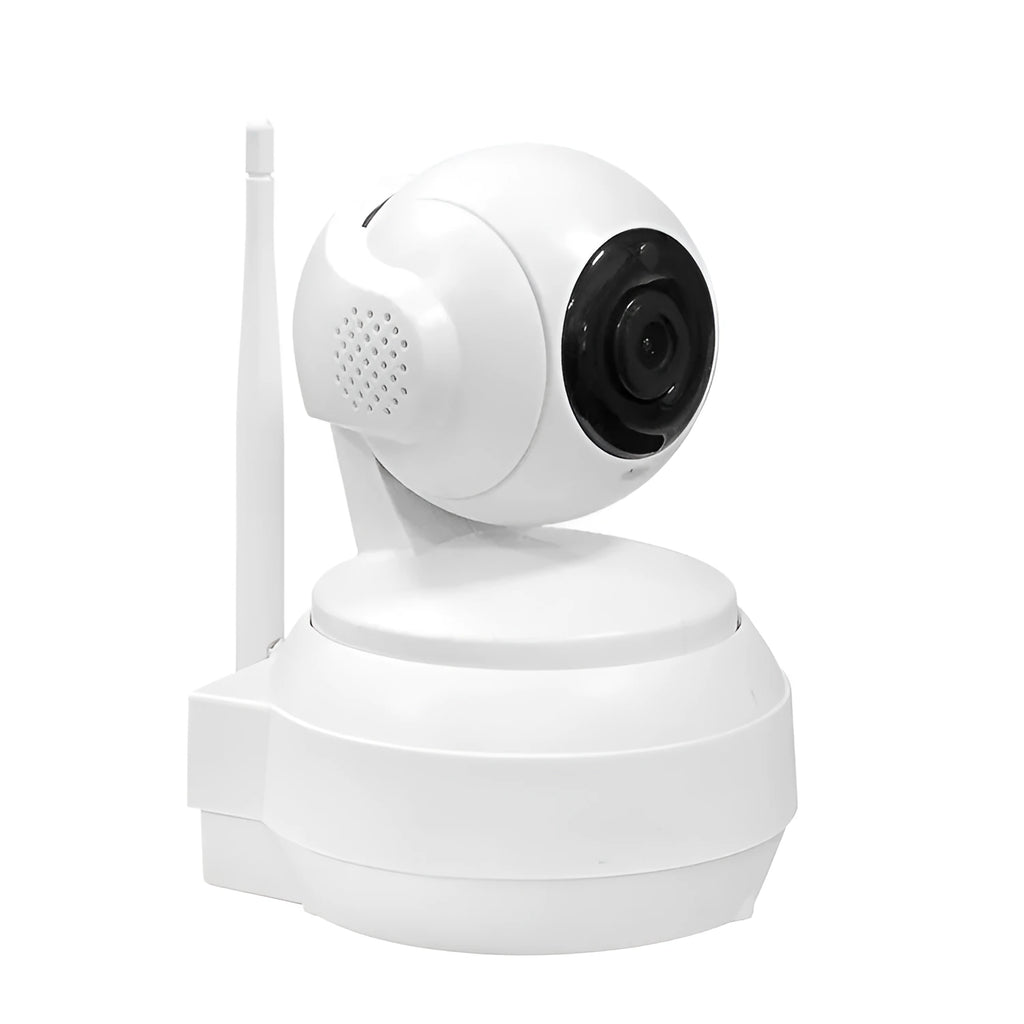 White ABS wireless smart dome camera with PTZ shaking head and 2MP lens for indoor monitoring