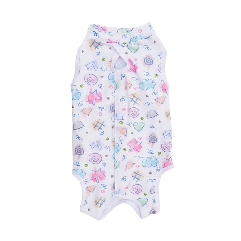 Cat wearing sterilisation recovery suit with Velcro closure in colourful print design