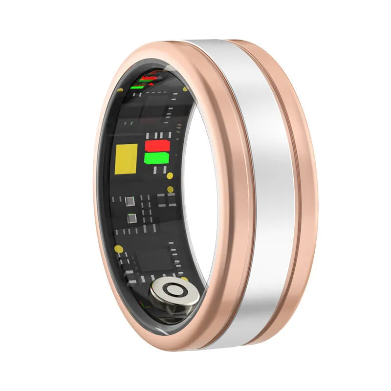 Smart ring in gold finish with health monitoring features including heart rate and step counting